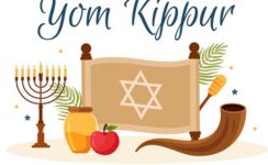 Sign for Yom Kippur with Jewish symbols minora shofar and tora